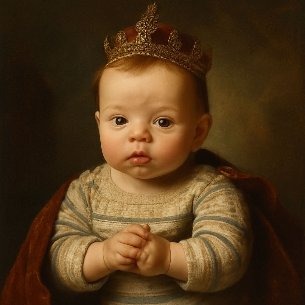 A curious baby with big, sparkling eyes and a striped sweater looks directly at the camera while lying on a soft, cozy blanket, making tiny fists as if ready to conquer the world.