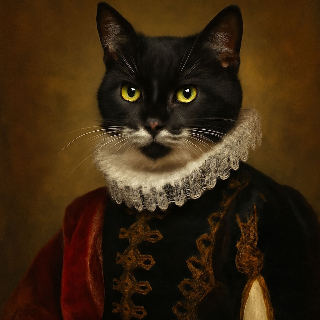 A black and white cat lounges on a carpeted floor next to a table leg and a box for a humidifier, casting a sharp shadow that looks like a cat silhouette. The room has a cozy, lived-in feel with a cat scratcher box and hanging toys visible.