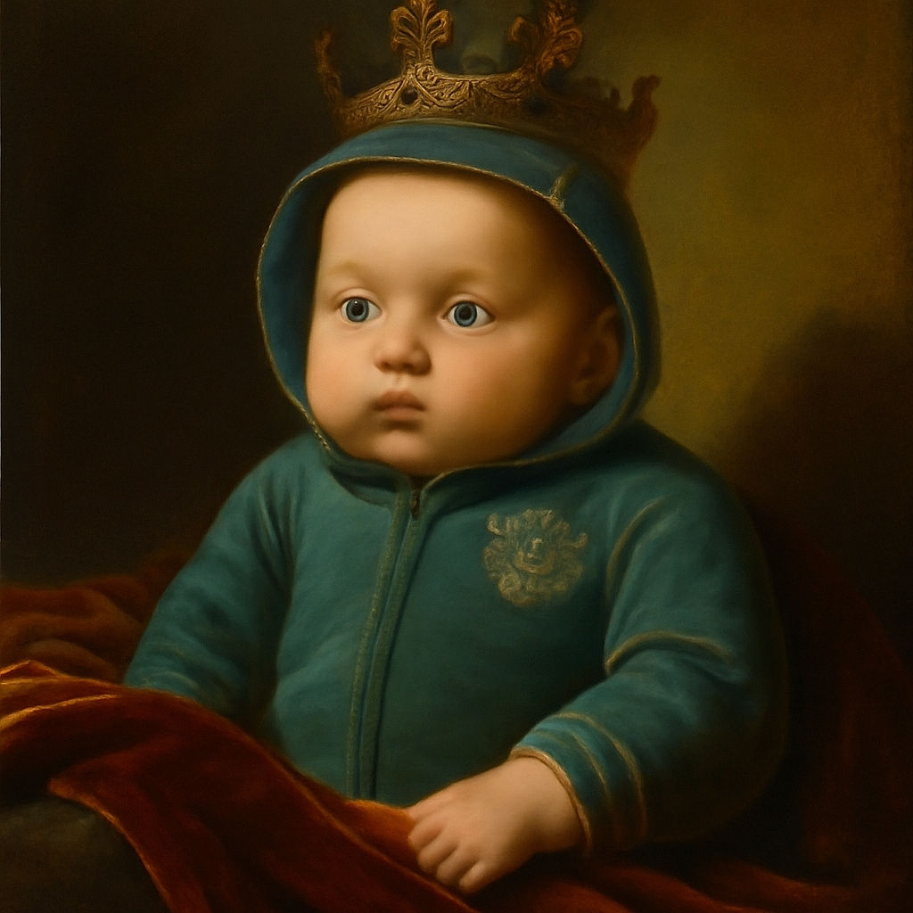 A cozy baby bundled up in a teal Nike hoodie, lying comfortably under a blue blanket with a colorful striped pillow behind, looking curiously off to the side with a calm expression.