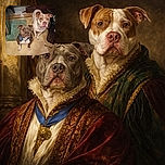 Two attentive dogs sitting on a worn kitchen floor, one with a blue collar and the other with brown and white fur, surrounded by everyday household items like a spoon, rug, and stacked wood, looking up with hopeful eyes.