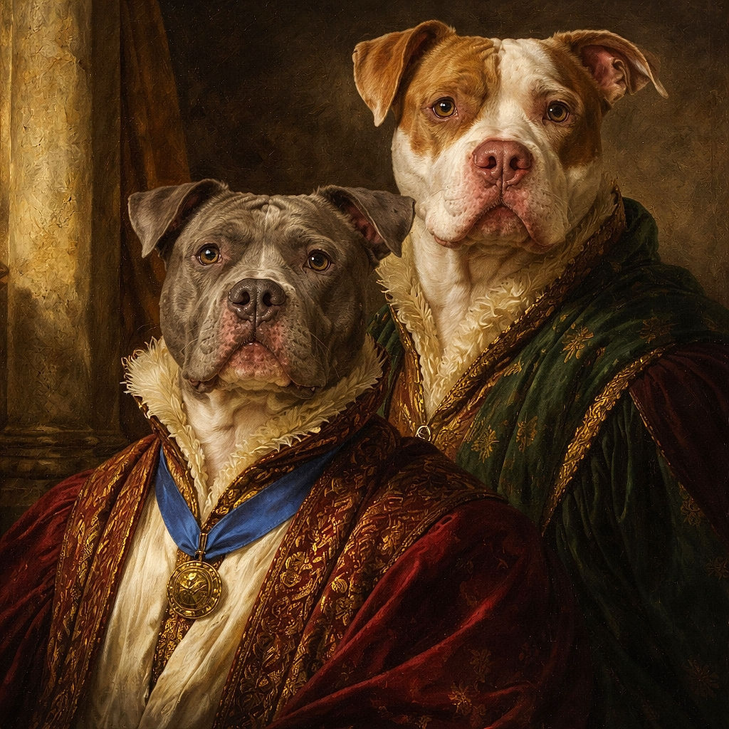 Two attentive dogs sitting on a worn kitchen floor, one with a blue collar and the other with brown and white fur, surrounded by everyday household items like a spoon, rug, and stacked wood, looking up with hopeful eyes.
