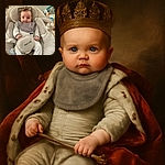 A wide-eyed baby bundled in cozy striped pajamas and a bib, sitting snugly in a plush baby rocker with a pacifier resting nearby and soft toys hanging overhead, looking curiously at the camera with a pair of glasses perched behind their head.