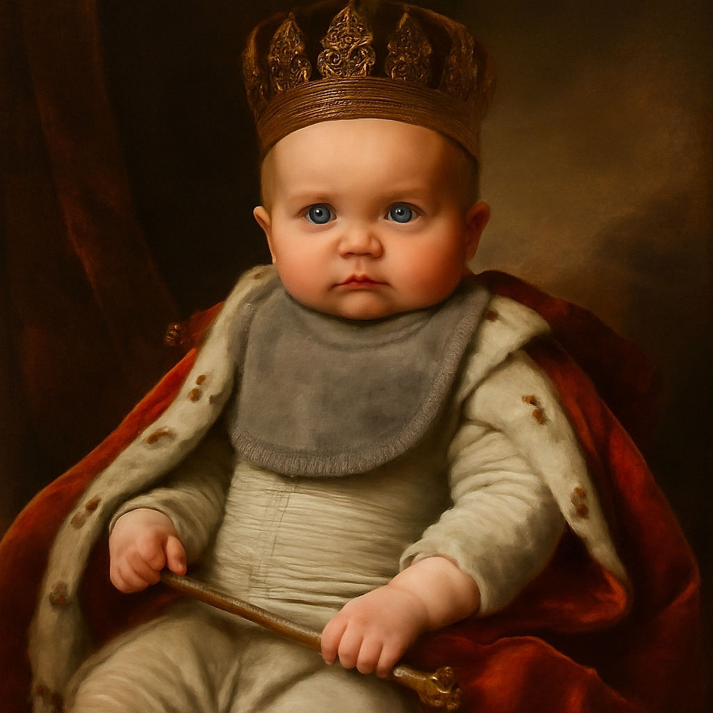 A wide-eyed baby bundled in cozy striped pajamas and a bib, sitting snugly in a plush baby rocker with a pacifier resting nearby and soft toys hanging overhead, looking curiously at the camera with a pair of glasses perched behind their head.
