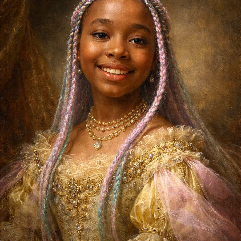 A beaming child selfie fills the frame — pastel rainbow braids drape like candy ropes over a sunny yellow ruffled top, sparkling earrings peep out, and a big gummy grin steals the show against a soft, blurred indoor background.