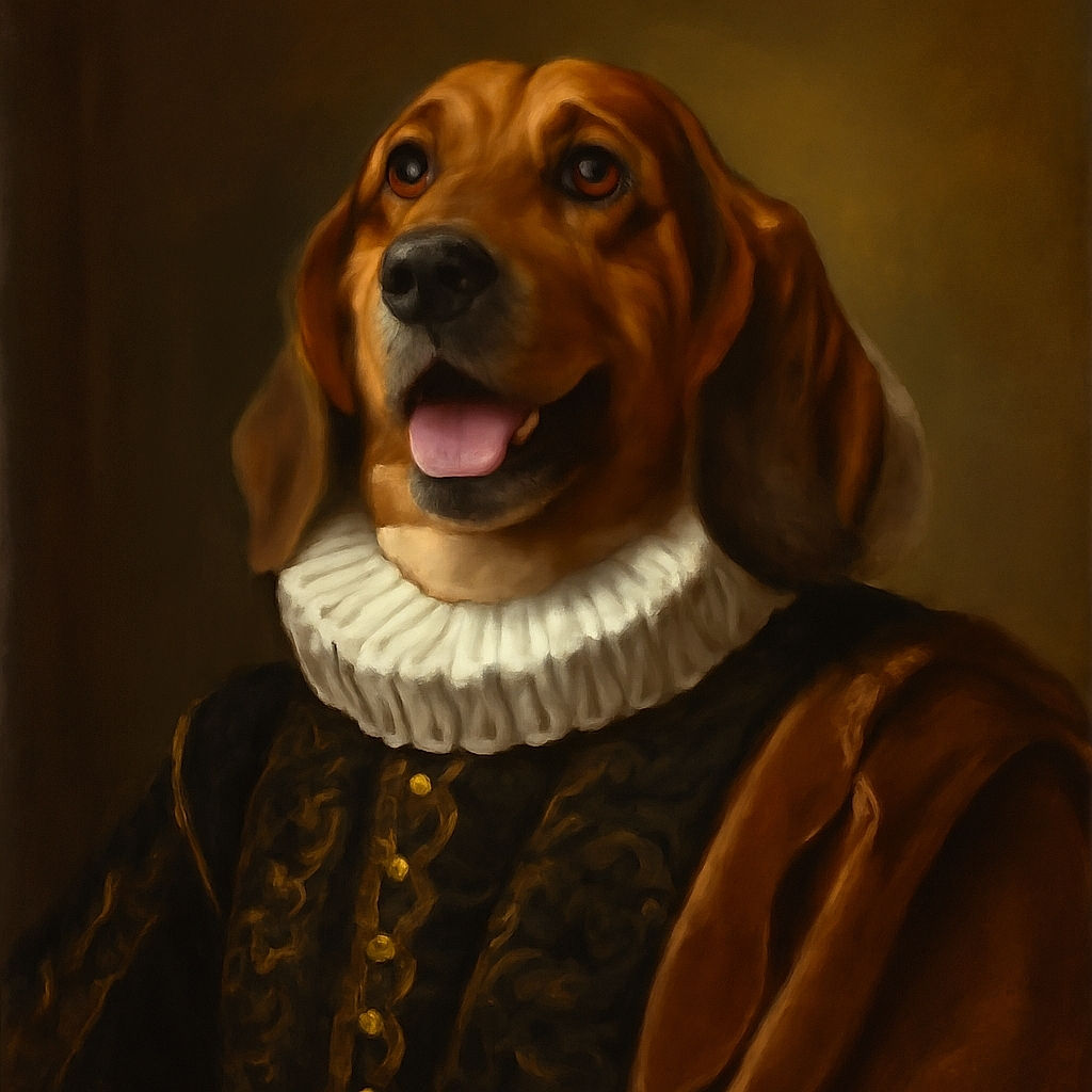 A cheerful dog with a mix of black and brown fur sits happily on a concrete porch, looking up with a friendly expression. The setting includes a broom lying on the ground, a white metal chair with a blue cushion, and a glass door reflecting some outdoor greenery.