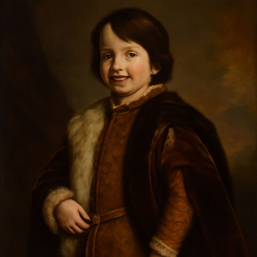 A cheerful young boy stands confidently on a sidewalk at sunset, hands tucked in his jacket pockets, flashing a playful grin while a line of cars with headlights on stretches behind him. The bare trees and soft pastel sky create a calm, cozy backdrop for this candid moment of urban childhood.