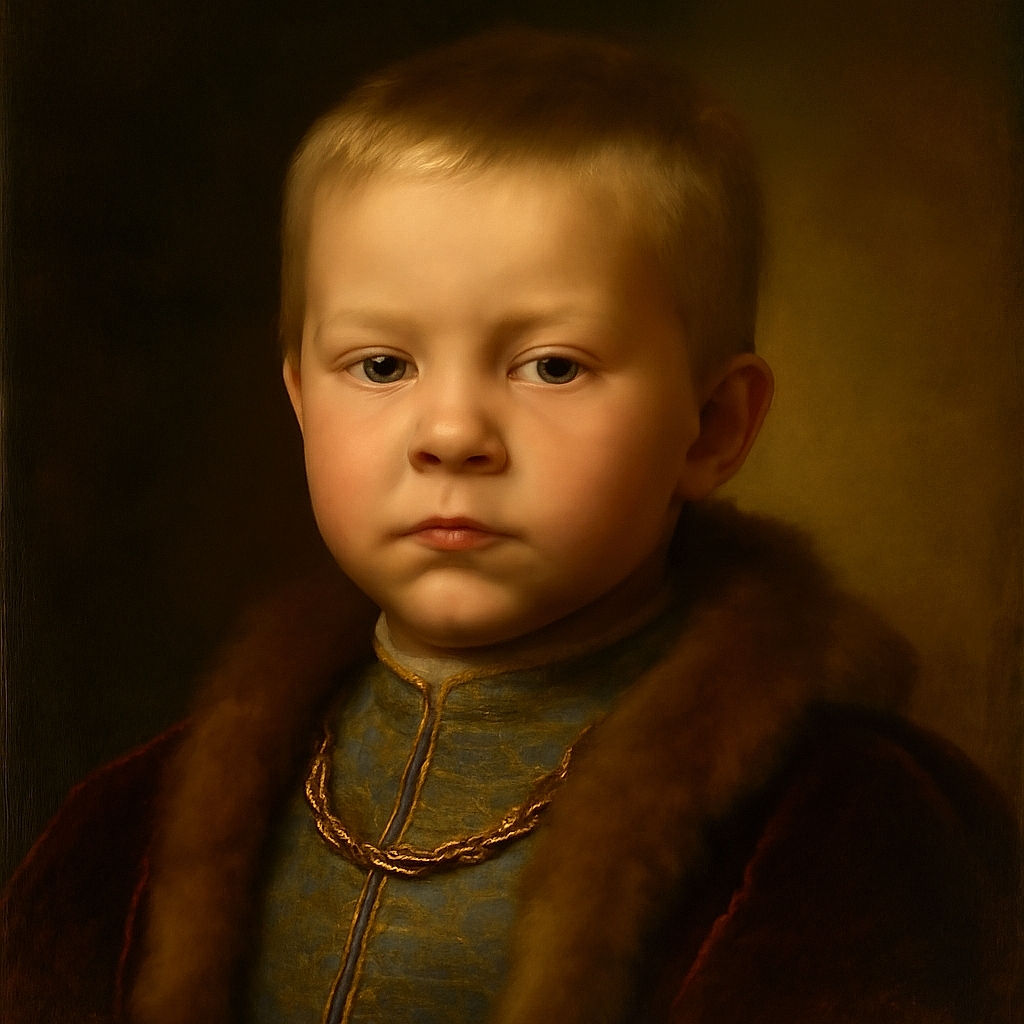 A close-up selfie of a young child with a slightly serious expression, filling almost the entire frame, with soft indoor lighting and a casual striped shirt.
