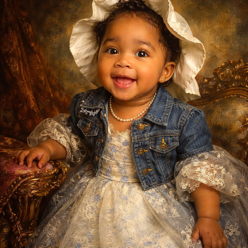 A joyful toddler wearing a white sunhat and a denim jacket beams widely while sitting on a colorful Minnie Mouse-themed bedspread, radiating pure happiness and cuteness.
