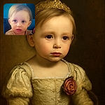 A slightly blurry close-up of a young child with big blue eyes and light hair, sitting against a blue background, wearing a beige outfit with a fabric flower decoration.