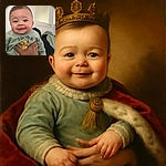 A chubby-cheeked baby with a gleeful smile is being held up by an adult hand, wearing a cute Simba-themed outfit. The background shows a softly lit, cozy indoor setting with a door and frosted glass panels.