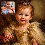 A joyful toddler with a playful ponytail is sitting at a wooden table, holding a colorful box of rubber bands. The child is smiling mischievously, with a slightly messy face, while an adult partially visible in the background wears a Tim Burton shirt.