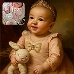 A charming baby dressed in soft pink lies cozily on a patterned blanket, clutching a plush bunny toy with a heart-shaped nose, gazing upwards with wide curious eyes and a hint of a smile.