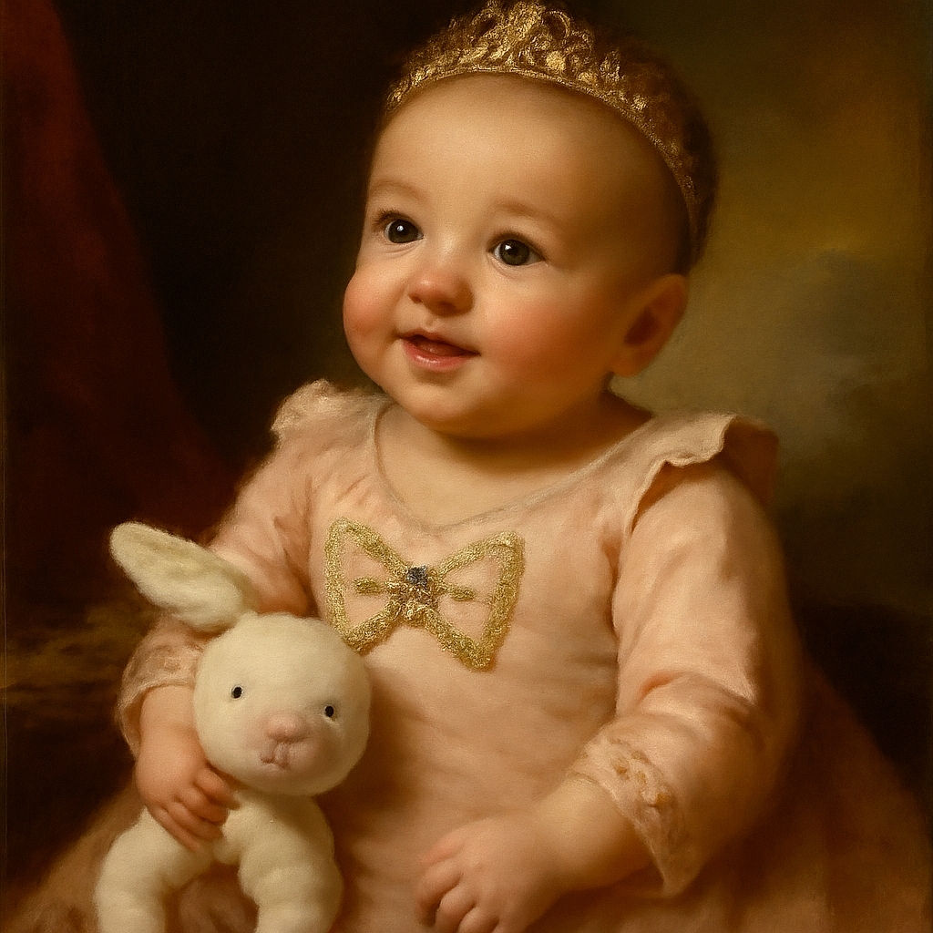 A charming baby dressed in soft pink lies cozily on a patterned blanket, clutching a plush bunny toy with a heart-shaped nose, gazing upwards with wide curious eyes and a hint of a smile.