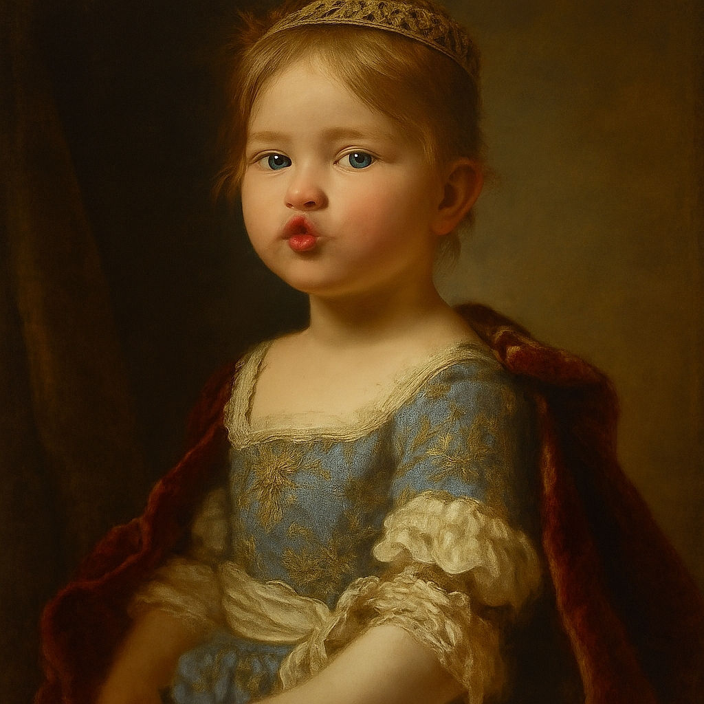 A young child puckers up for a selfie with a playful expression, wearing a blue shirt adorned with cute cats. The background shows a cluttered room with a Confederate flag hanging on the wall, adding an unexpected twist to the cozy indoor scene.