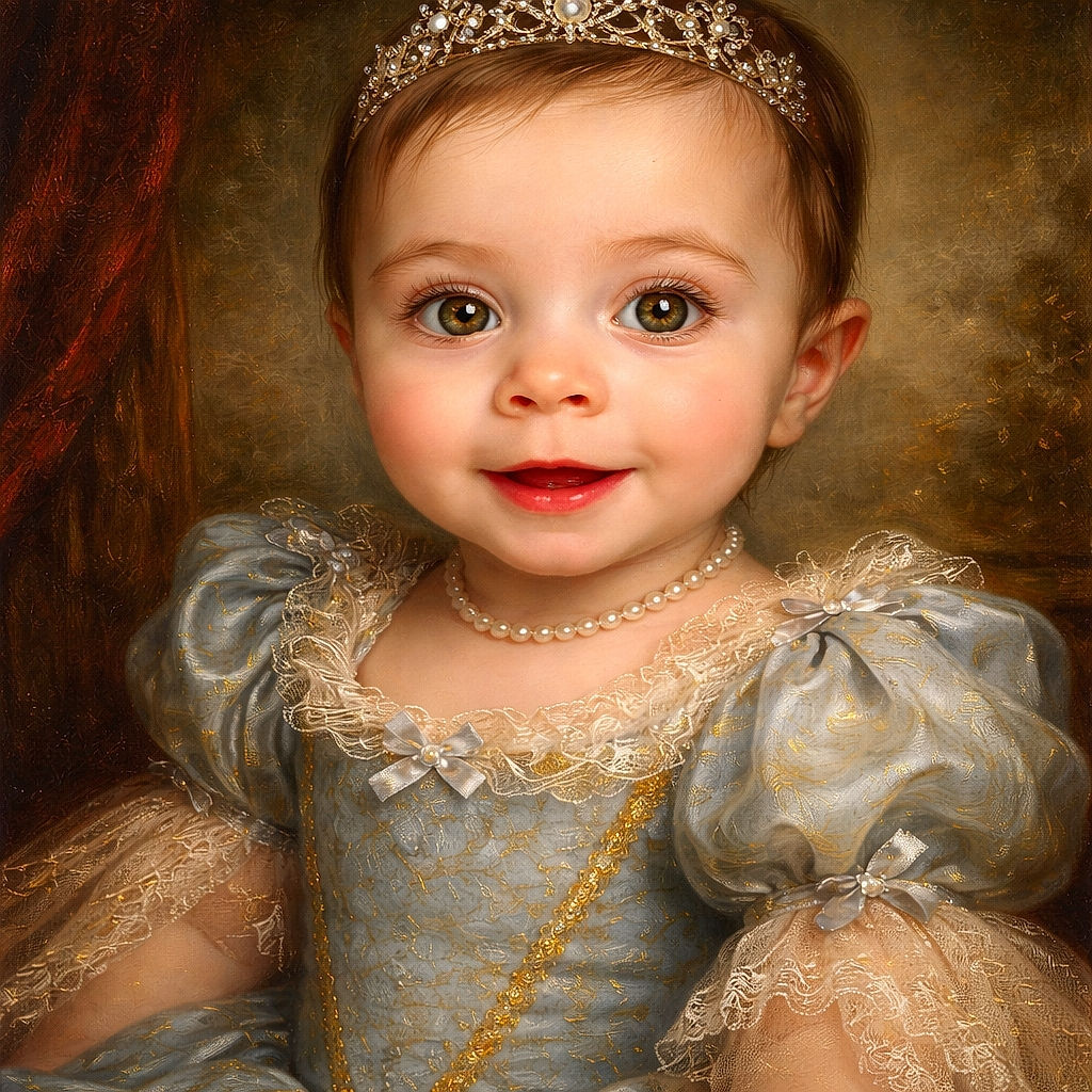 A close-up of an adorable baby with big brown eyes and long eyelashes, wearing a blue polka-dot dress with a tiny pink bow, smiling sweetly while sitting comfortably against a dark background.