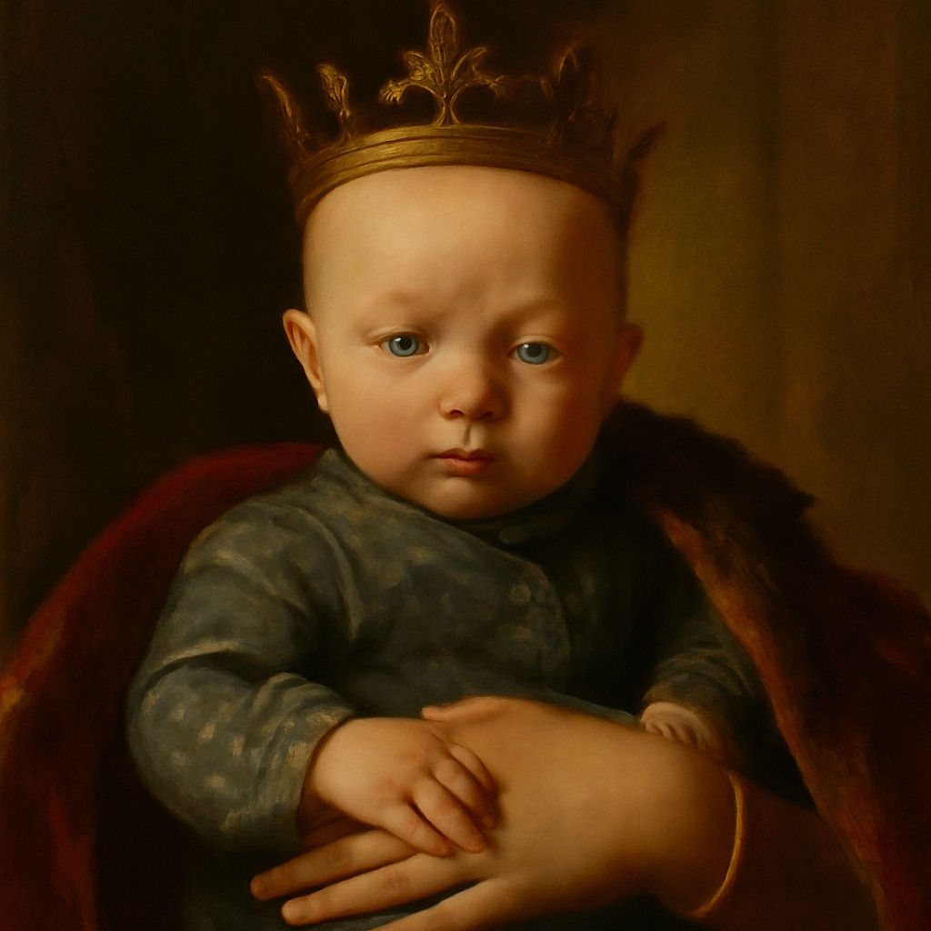 A close-up photo of a baby being gently held by an adult wearing a ring with a green stone. The baby's face is slightly out of focus and the background shows a room with beige walls and some boxes. The baby looks calm and curious while holding onto the adult's hand.
