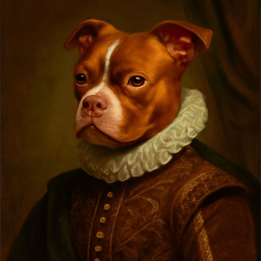 A curious brown and white dog with a blue collar and leash is standing on a leafy patch of ground, looking off to the side with a thoughtful expression. The background is softly blurred, highlighting the dog's detailed fur and bright eyes.