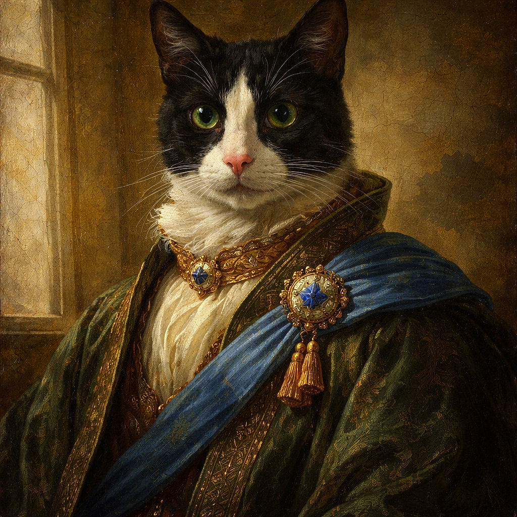 A tuxedo cat sits calmly on a patterned blanket with a bookshelf full of books in the background, giving off an air of quiet dignity and curiosity.