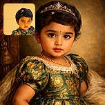 A serious-faced toddler with a cute hair clip and a traditional floral dress poses against a textured beige wall, looking like a tiny fashionista ready to take on the world.