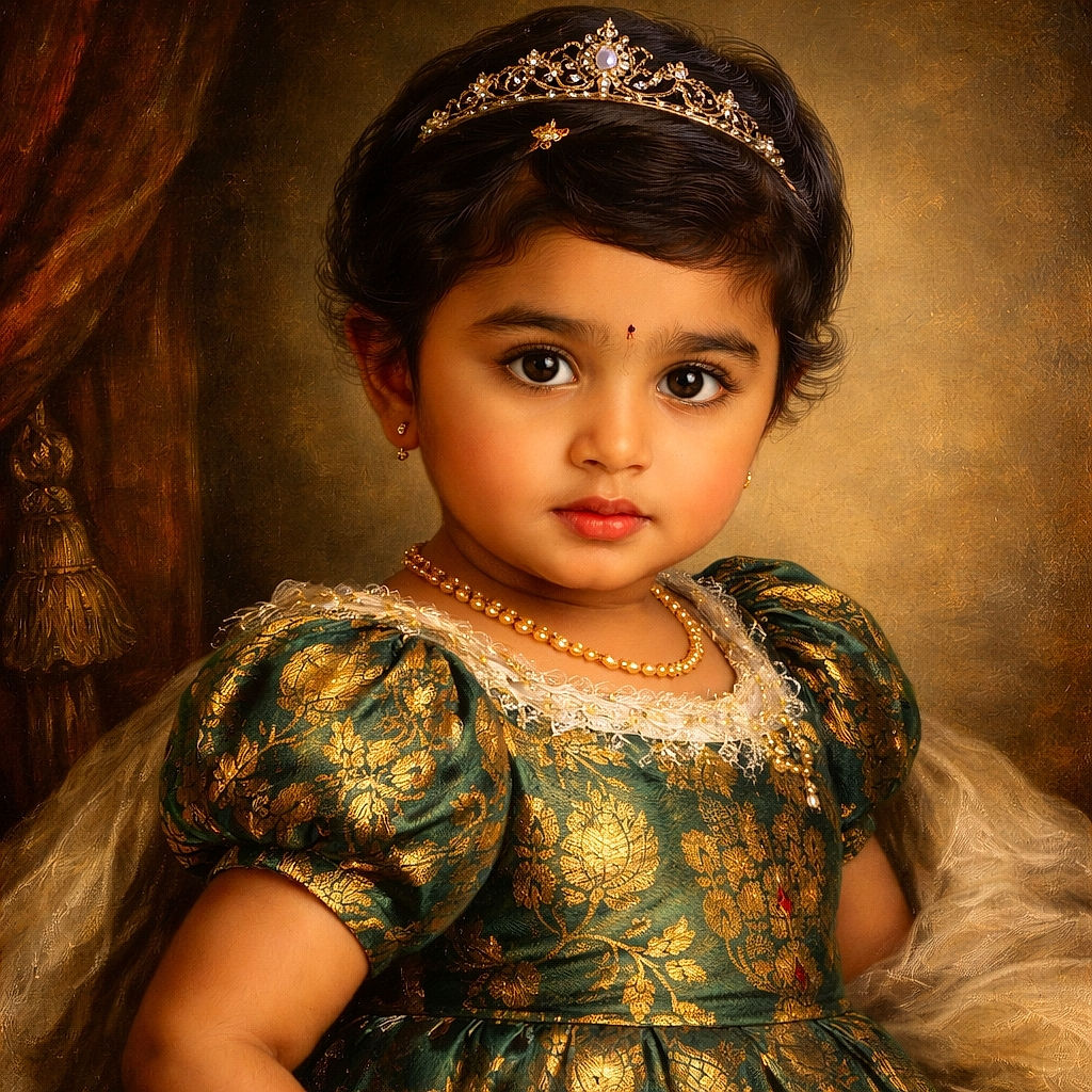 A serious-faced toddler with a cute hair clip and a traditional floral dress poses against a textured beige wall, looking like a tiny fashionista ready to take on the world.