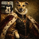 A serious-looking dog sitting upright on a dark leather couch with a plaid curtain backdrop, appearing as if ready for a formal portrait but with a hint of canine curiosity.