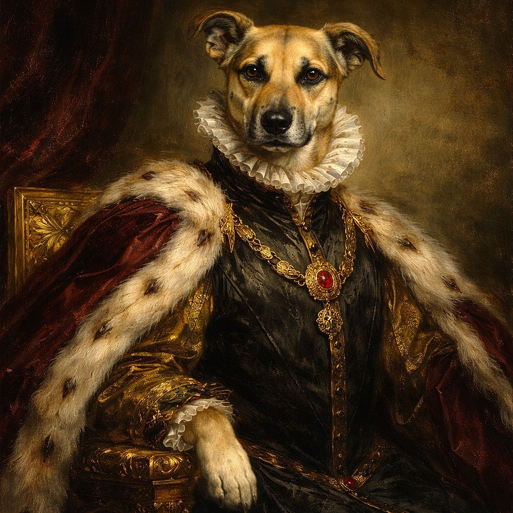 A serious-looking dog sitting upright on a dark leather couch with a plaid curtain backdrop, appearing as if ready for a formal portrait but with a hint of canine curiosity.