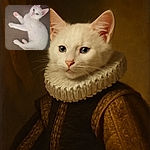 A fluffy white kitten with pink paws and nose lounges comfortably on a brown surface, looking curiously at the camera with bright eyes and an adorable expression.