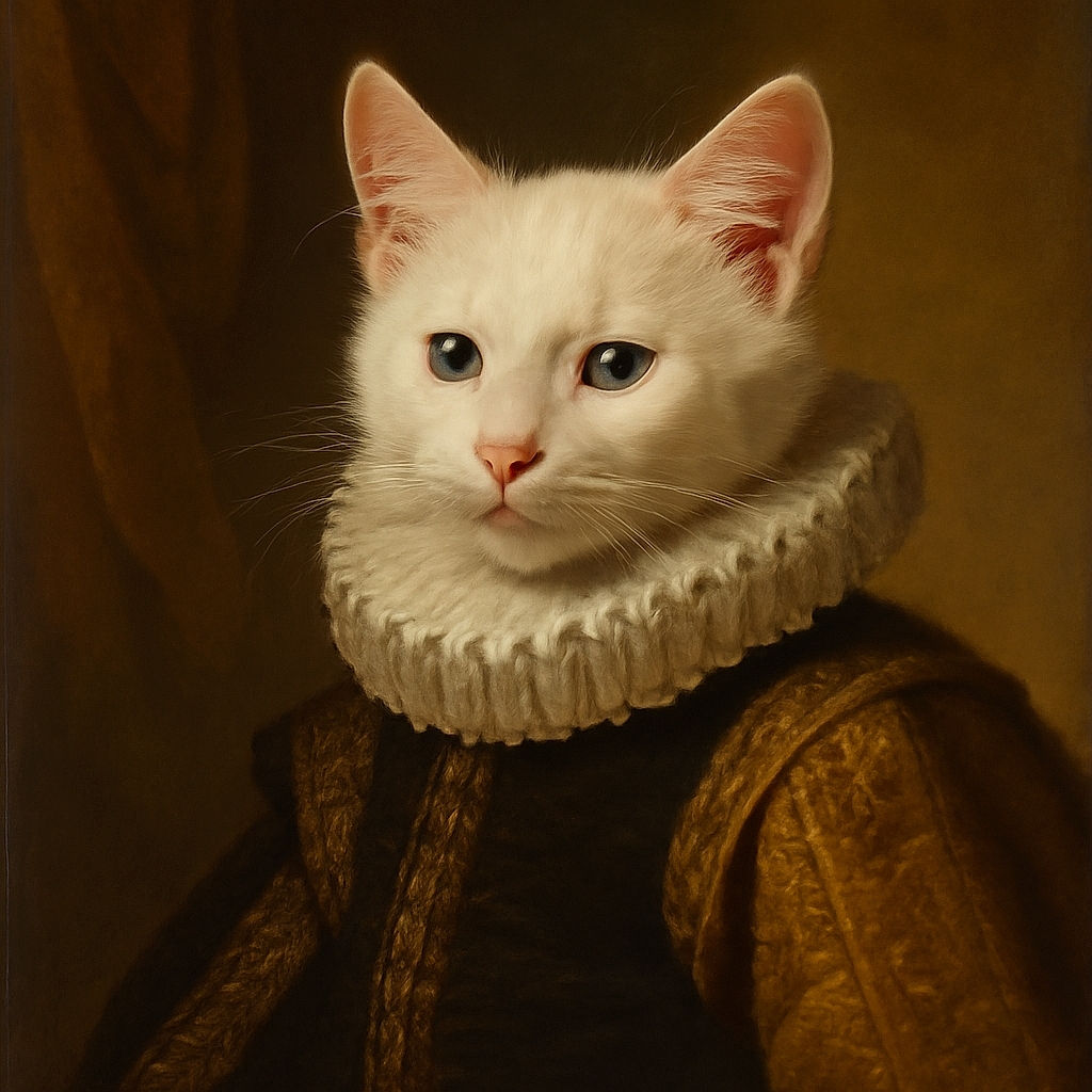 A fluffy white kitten with pink paws and nose lounges comfortably on a brown surface, looking curiously at the camera with bright eyes and an adorable expression.