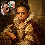 A focused young child wearing white headphones sits at a wooden table, gripping a pink toy castle with one hand. The background shows a cabinet with glassware and a colorful towel draped over a wooden chair, creating a cozy home atmosphere.