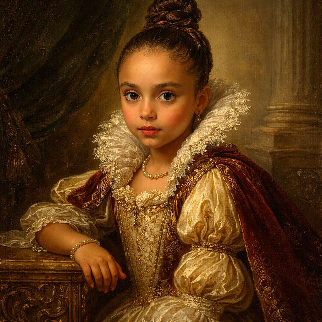 A focused young child wearing white headphones sits at a wooden table, gripping a pink toy castle with one hand. The background shows a cabinet with glassware and a colorful towel draped over a wooden chair, creating a cozy home atmosphere.