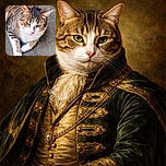 A charming tabby cat with striking green eyes lounges comfortably on a textured stone surface, its white paws neatly tucked under its body, looking curiously at the camera with a calm and regal demeanor.