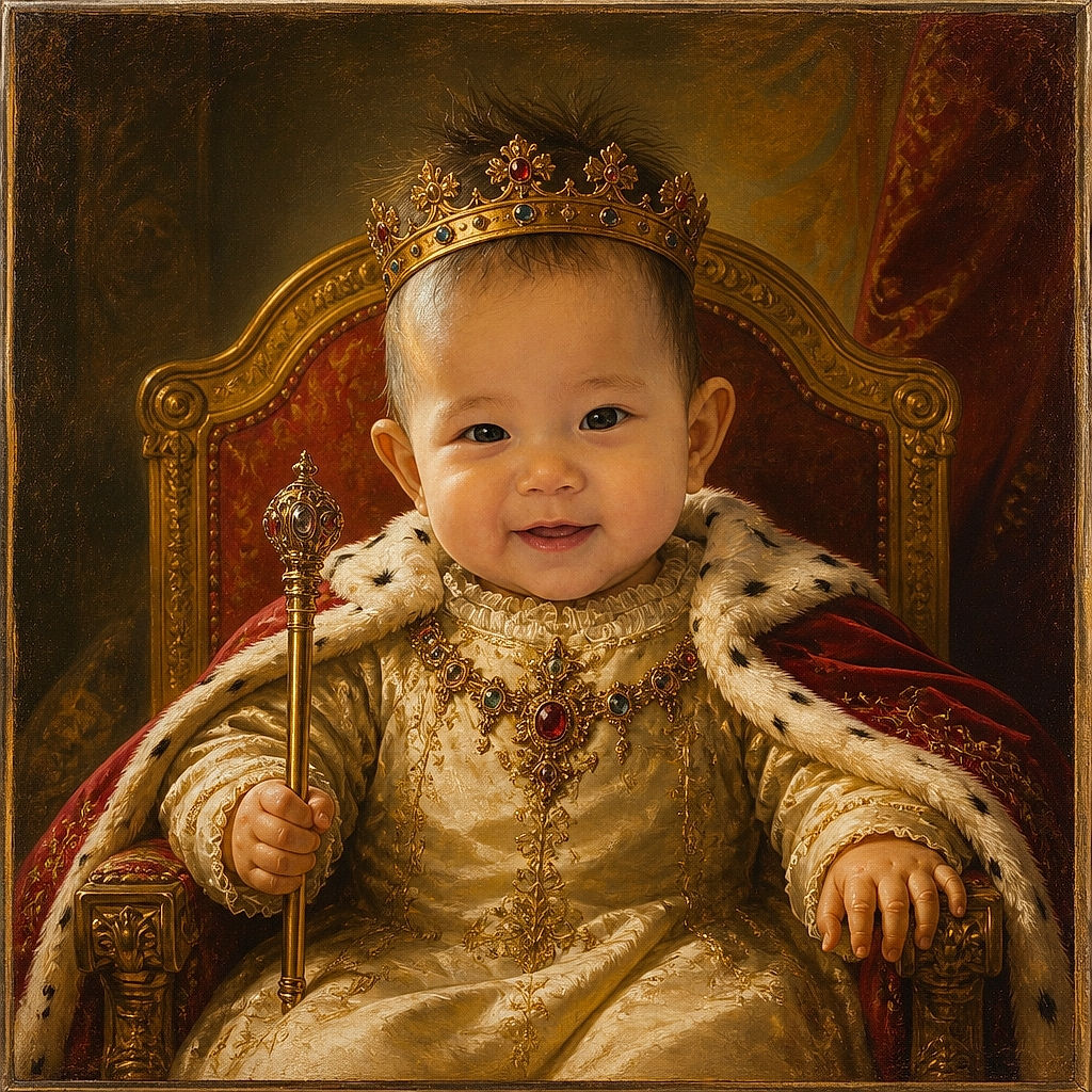 A cheerful baby sits like the tiny CEO of a very colorful activity station, sporting wonderfully gravity-defying hair and reaching toward the camera as if about to press the most important button in the room.