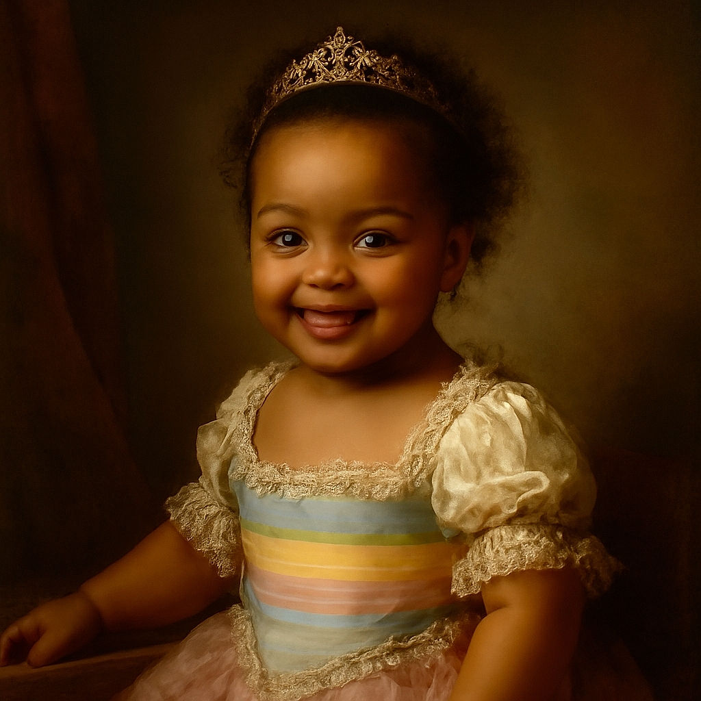 A close-up photo of a joyful baby with sparkling eyes and a big smile, wearing a colorful striped top and a small blue hair clip, with a cozy home background featuring shelves and blinds.