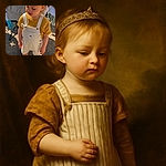 A toddler dressed in striped overalls and a mustard yellow shirt stands on a sunny concrete surface, looking down thoughtfully. Behind, laundry hangs on a rack, adding a casual, everyday charm to the scene.