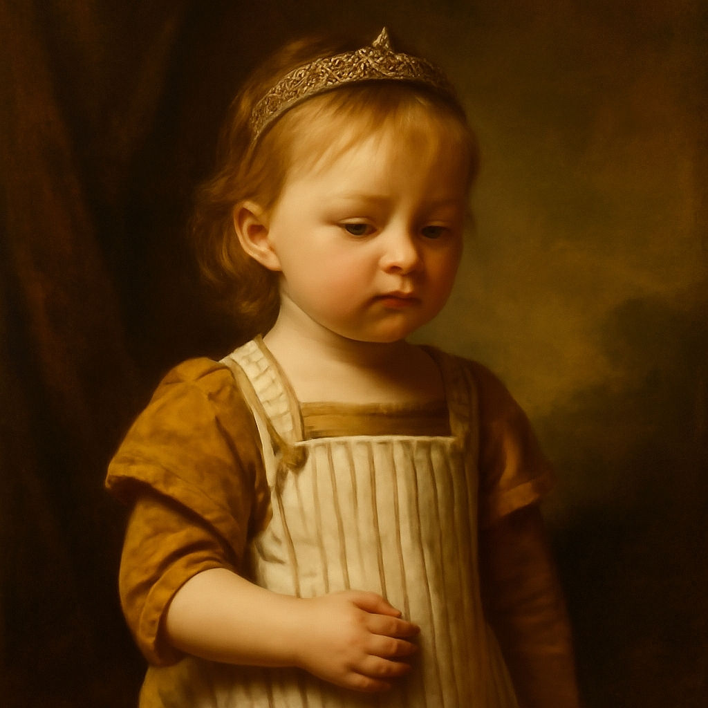 A toddler dressed in striped overalls and a mustard yellow shirt stands on a sunny concrete surface, looking down thoughtfully. Behind, laundry hangs on a rack, adding a casual, everyday charm to the scene.