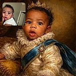 A curious baby with wide, expressive eyes and slightly open mouth looks directly at the camera, dressed in a white outfit, with a cozy home background featuring a partially open door and muted wall colors.