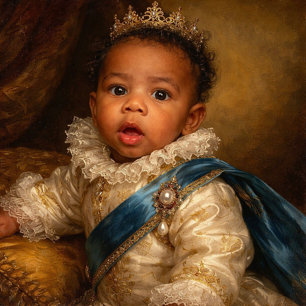 A curious baby with wide, expressive eyes and slightly open mouth looks directly at the camera, dressed in a white outfit, with a cozy home background featuring a partially open door and muted wall colors.