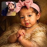 A close-up photo of a cute baby wearing a large pink bow headband and a yellow bib with a bee design, gazing curiously with bright blue eyes. The baby is resting against a dark blue cushion, with soft natural light highlighting the adorable features and the tiny hands near the mouth.