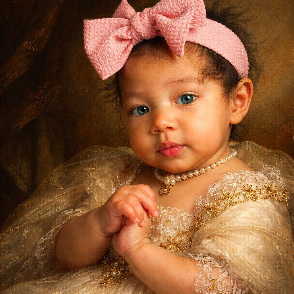 A close-up photo of a cute baby wearing a large pink bow headband and a yellow bib with a bee design, gazing curiously with bright blue eyes. The baby is resting against a dark blue cushion, with soft natural light highlighting the adorable features and the tiny hands near the mouth.