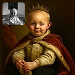 A cute baby sits on a bed with a slight smile, wearing a dinosaur-themed sweater. Behind the baby, a Billie Eilish poster adds a cool contrast to the cozy scene, all captured in a nostalgic black and white tone.