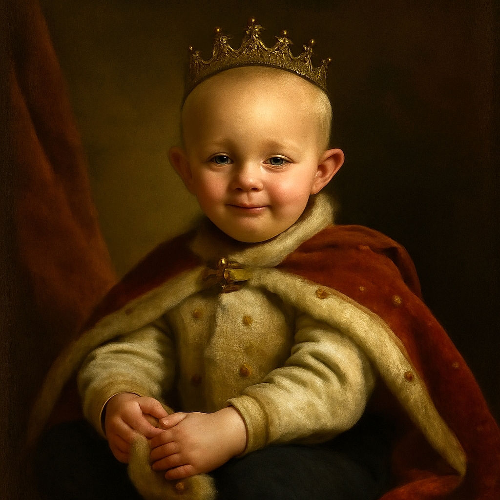 A cute baby sits on a bed with a slight smile, wearing a dinosaur-themed sweater. Behind the baby, a Billie Eilish poster adds a cool contrast to the cozy scene, all captured in a nostalgic black and white tone.