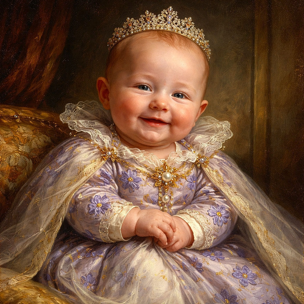 A giggling baby in a purple floral onesie is perched triumphantly in a gray infant seat on a rumpled blue bed — eyes squinting with joy like a tiny comedian. Behind them: a curtain-filtered window, a plastic bag with a red stuffed toy peeking out, and cozy bedroom clutter that adds homey charm.