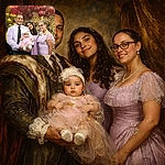 A smiling family moment caught mid-celebration: proud dad clutching a tiny, serious-faced baby in a frilly lavender dress, a teenage daughter leaning in with a content grin, and a beaming mom in lace and glasses — all posed in front of a shiny sequin backdrop and a cluster of gold and burgundy balloons. The baby’s expression says 'I run this party,' while everyone else provides the adoring support cast.