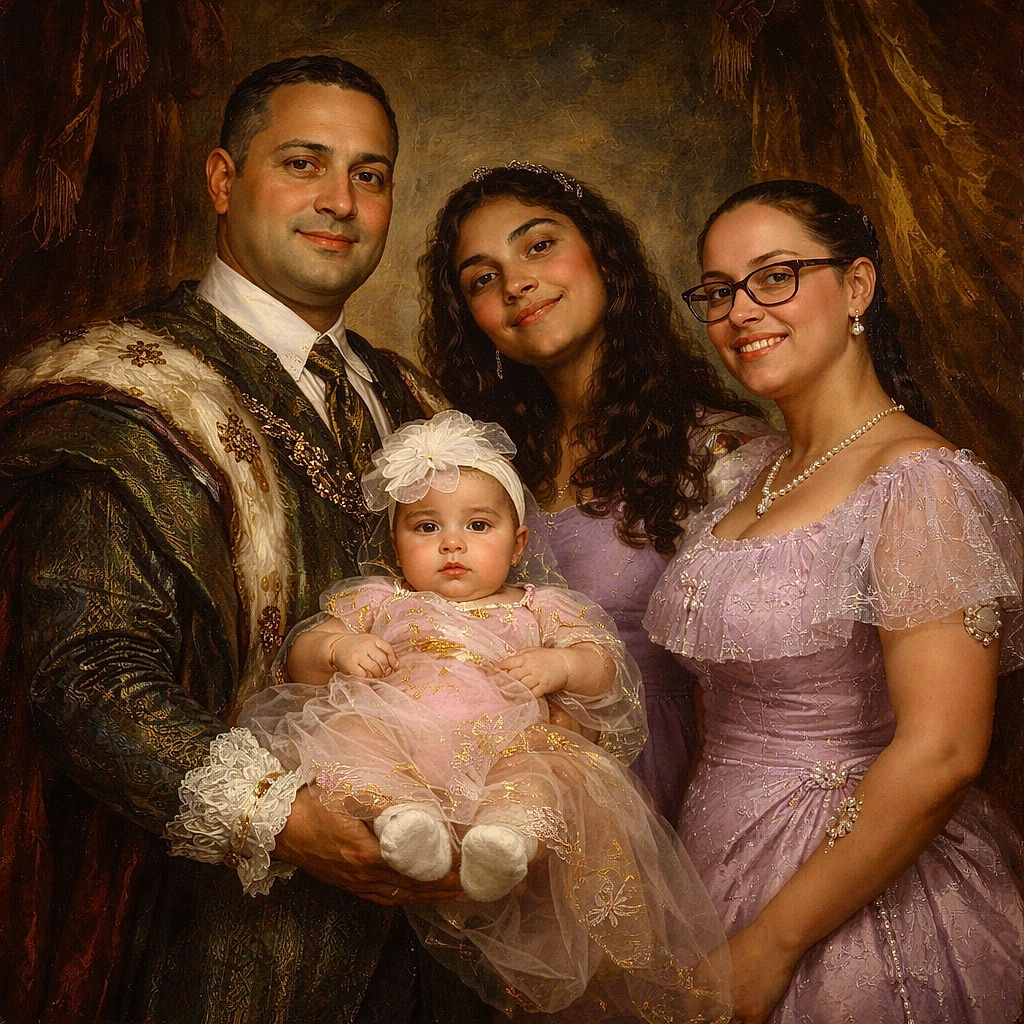 A smiling family moment caught mid-celebration: proud dad clutching a tiny, serious-faced baby in a frilly lavender dress, a teenage daughter leaning in with a content grin, and a beaming mom in lace and glasses — all posed in front of a shiny sequin backdrop and a cluster of gold and burgundy balloons. The baby’s expression says 'I run this party,' while everyone else provides the adoring support cast.