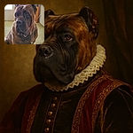 A large brindle dog with cropped ears sits indoors on a green carpet, looking slightly off to the side with a serious expression. The background shows a wooden cabinet, a window with blinds, and a fish tank, giving a cozy home atmosphere.