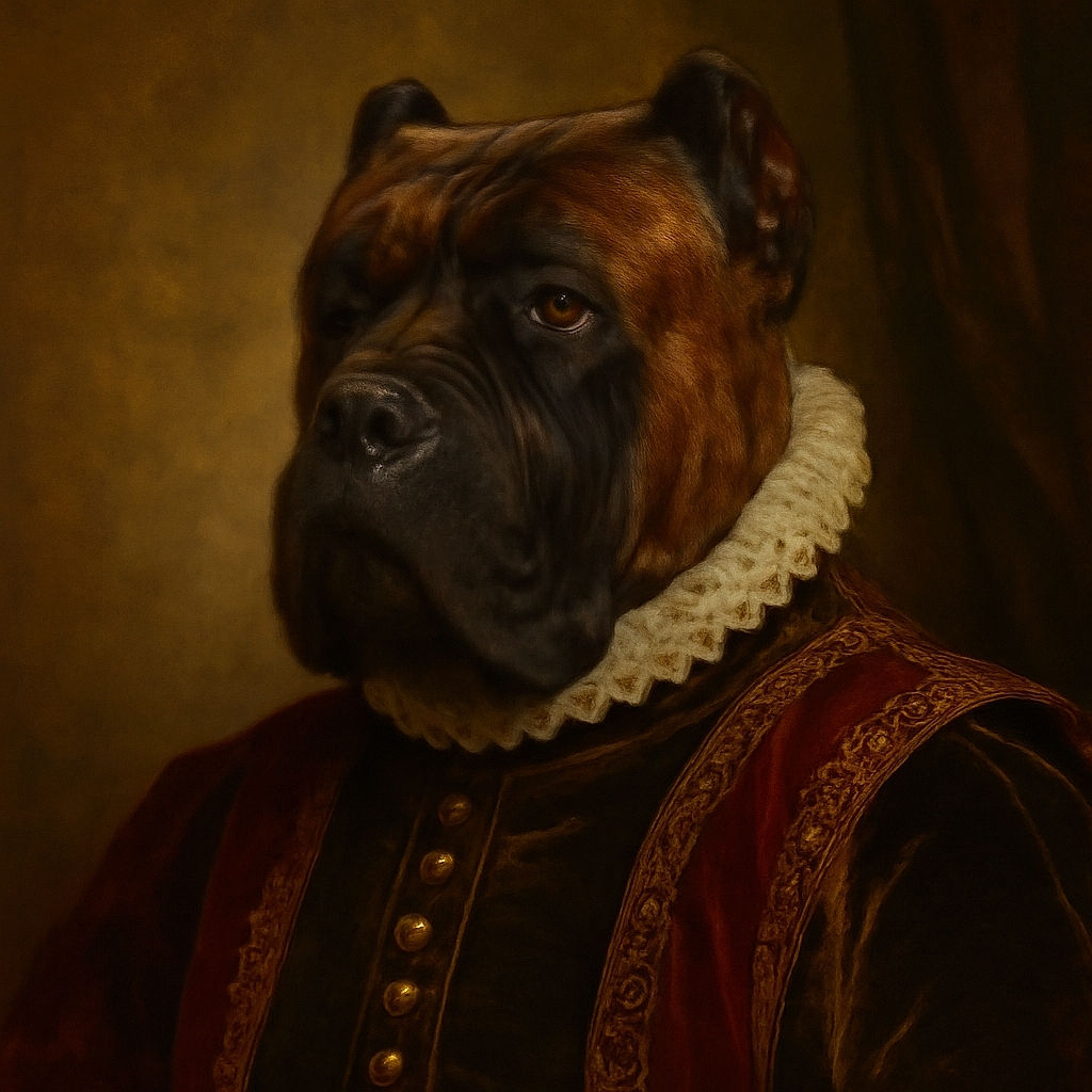 A large brindle dog with cropped ears sits indoors on a green carpet, looking slightly off to the side with a serious expression. The background shows a wooden cabinet, a window with blinds, and a fish tank, giving a cozy home atmosphere.