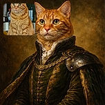 A majestic ginger tabby cat sits upright on a table, eyes wide with curiosity and alertness, as if guarding the kitchen kingdom behind it. The background shows a typical kitchen setting with bottles and containers slightly blurred, emphasizing the cat's regal pose and fluffy fur.