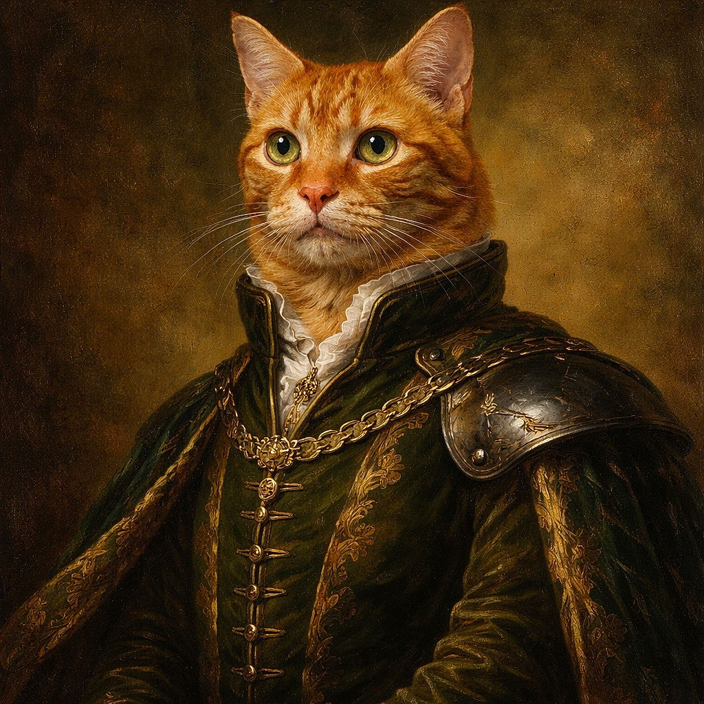 A majestic ginger tabby cat sits upright on a table, eyes wide with curiosity and alertness, as if guarding the kitchen kingdom behind it. The background shows a typical kitchen setting with bottles and containers slightly blurred, emphasizing the cat's regal pose and fluffy fur.