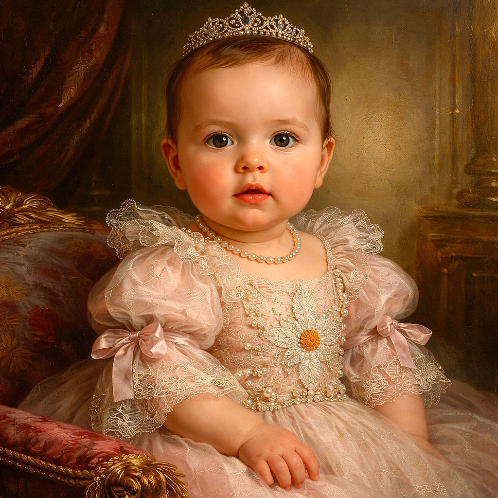 A wide-eyed baby sits like a tiny monarch on a rumpled bed, wearing a fuzzy daisy sweater and socks, surrounded by colorful toys and a leaning mirror; the open doorway in the background adds depth while the scene radiates cozy, slightly chaotic domestic charm.