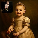 A cheerful toddler stands on a black couch, wearing a light pink outfit with a crown design, holding a black and beige stuffed animal. Golden curly ribbons are scattered nearby, adding a festive touch to the cozy indoor scene.